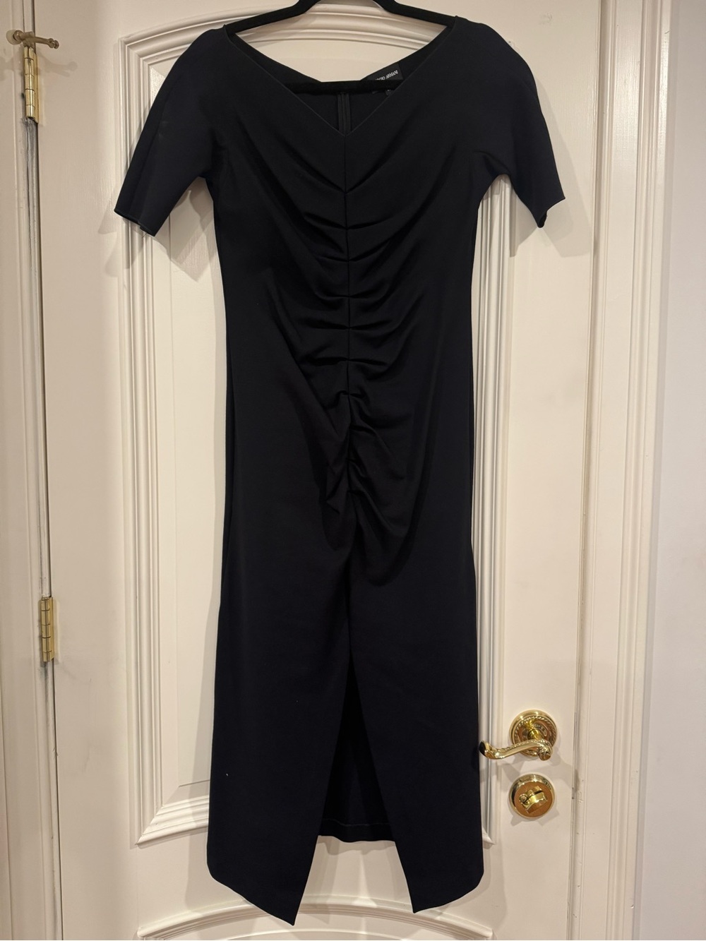 Giorgio Armani Black Ruched Sheath Dress with Front Slit